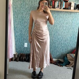 Ann Taylor Silk Studio Collection Flutter sleeve  Ruched Pink midi Dress size 8